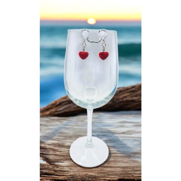 Handcrafted Huggie Hoop Earrings Featuring Red Rhinestone Hearts - Picture 8 of 9